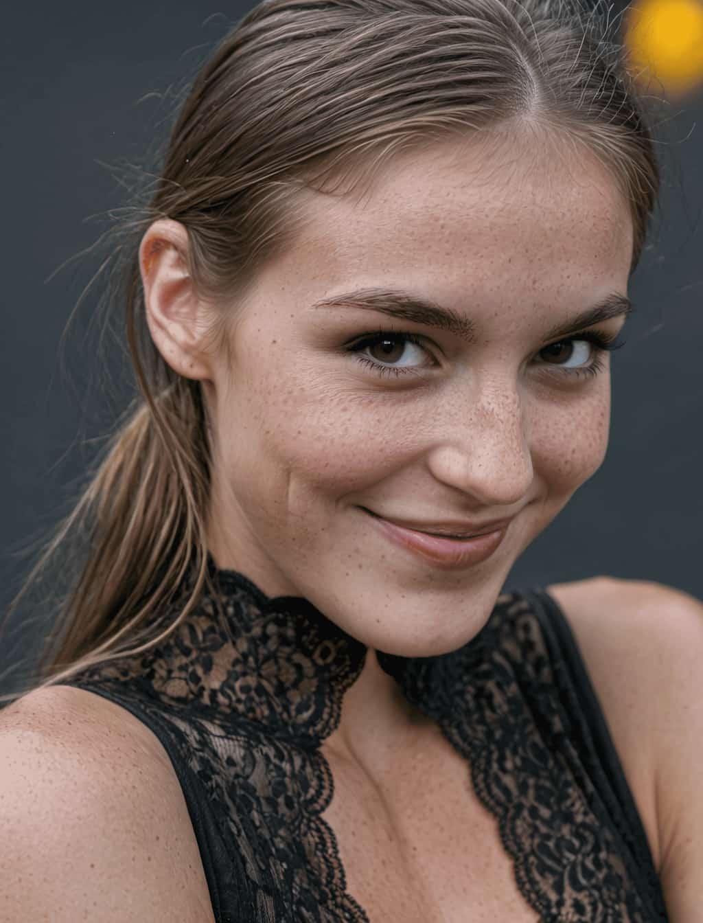 AI-generated close-up portrait demonstrating consistent character features, wearing a lace top