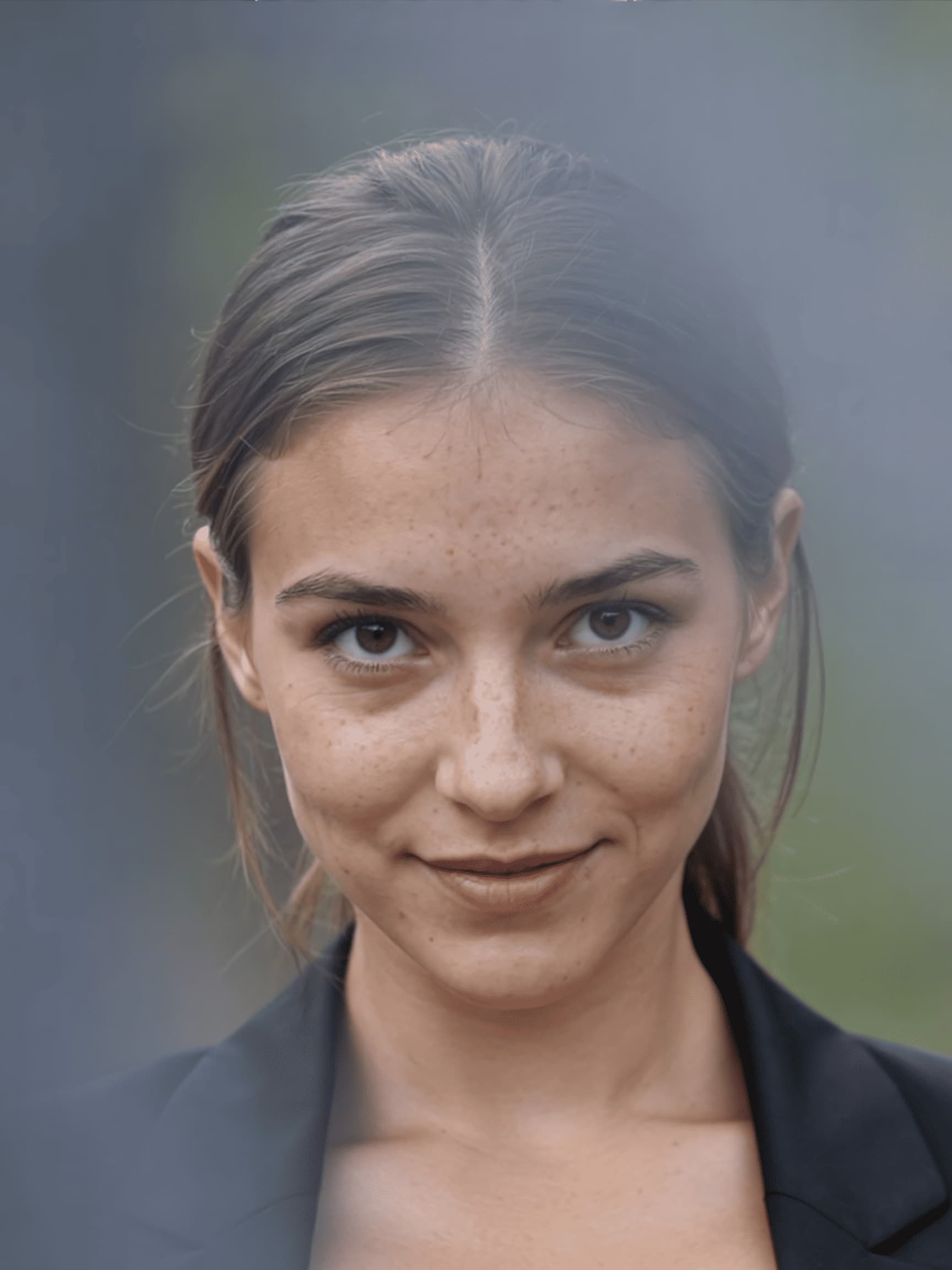 AI-generated close-up portrait demonstrating consistent character features with a soft fog effect