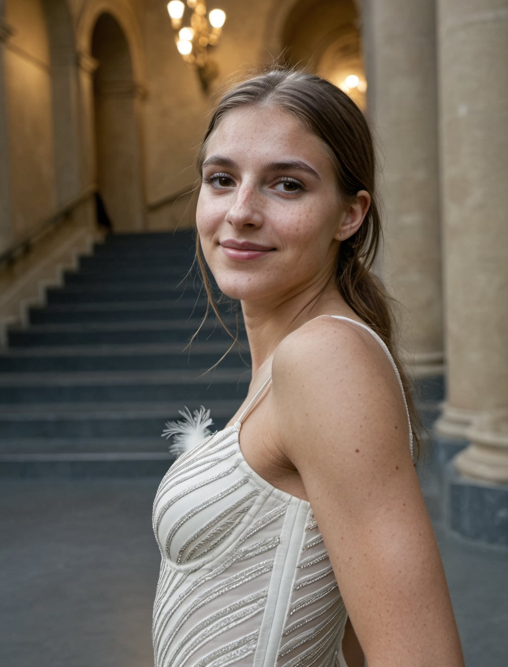 AI-generated portrait of a woman in an elegant white dress, standing in a classical architectural setting